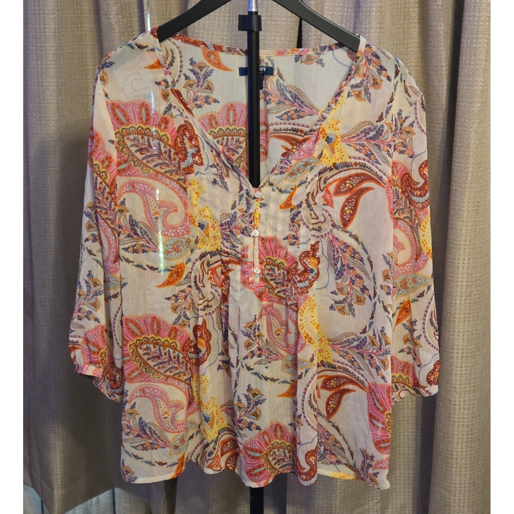 Old Navy Sheer Half Button Paisley Print 3/4 Sleeve Blouse Women's Size Large